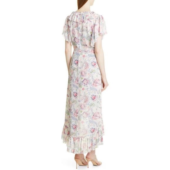 Cinq a Sept Sheilla Ruffled Floral Print High Low V-Neck Midi Dress Size 8 - Picture 2 of 6
